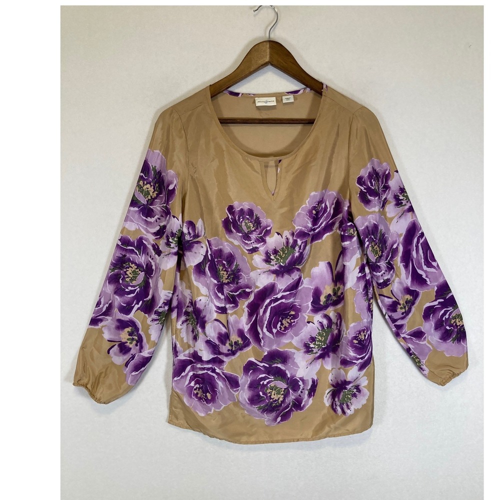Romantic Jaclyn Smith Women Medium Tan Purple Floral Keyhole Long Sleeve Blouse